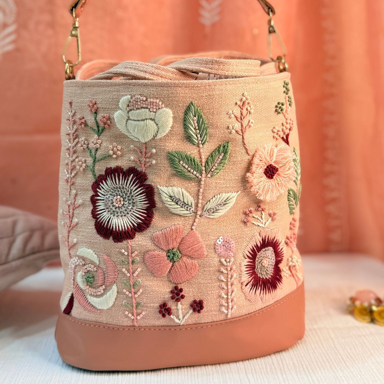 blush bloom bucket bag floral embroidery lifestyle view